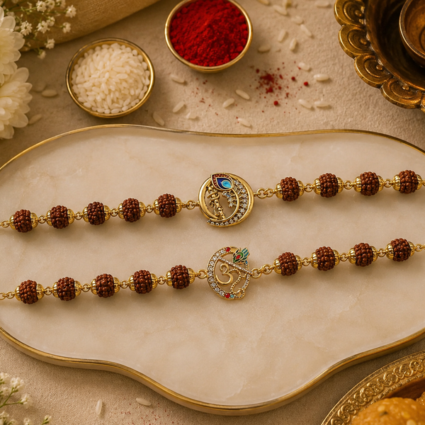 Krishna Bansuri & Divine Om Rudraksha Rakhi Pack of 2