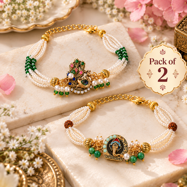 Divine Peacock & Ganesha Pearl Bracelet Combo – Pack of 2