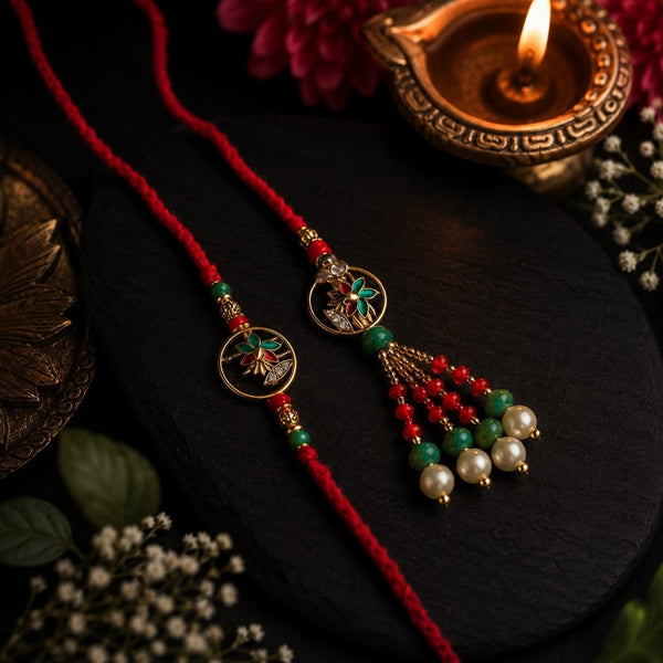 Meher Floral & Mor Krishna Pearl Bhaiya Bhabhi Rakhi Pack of 2
