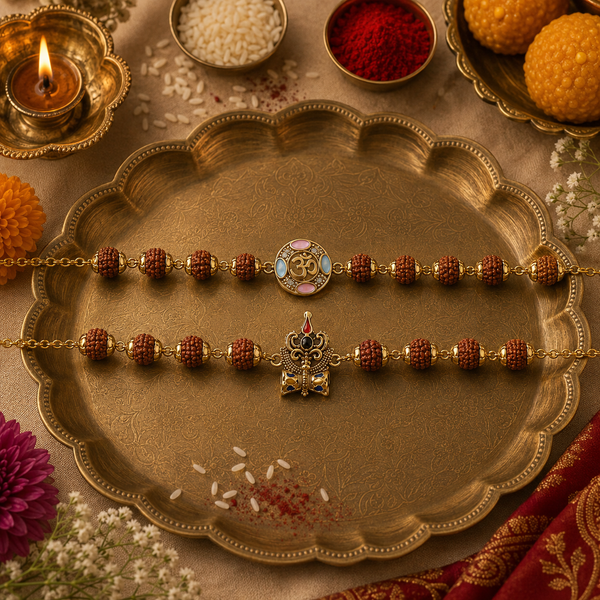 Trishul Om & Shubh Om Rudraksha Rakhi Pack of 2