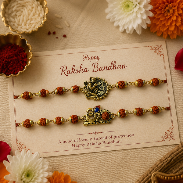 Jai Shri Ram & Rudra Omkar Rudraksha Rakhi Pack of 2