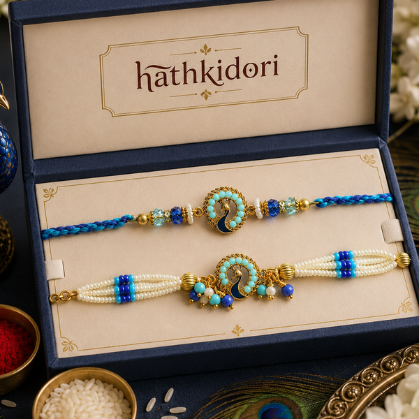 Meher Floral & Mor Krishna Pearl Bhaiya Bhabhi Rakhi Pack of 2